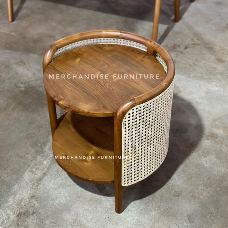 Meja Tamu Bundar Model Retro Rotan Scandinavian Oliva - Meja Ruang Tamu Bulat Minimalis