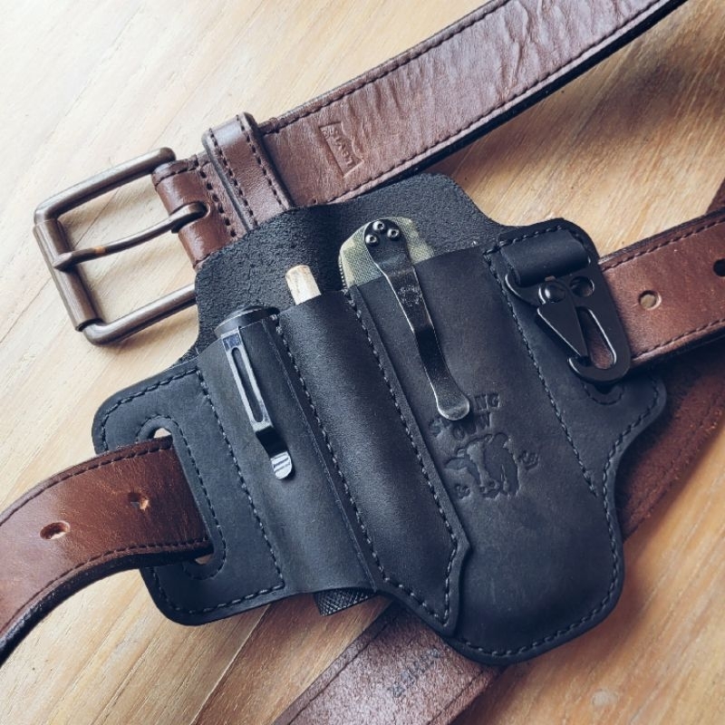 Custom Double Slot Leather Holster for Spyderco Paramilitary 2 / Endura / Lumintop / Nitecore / Jetb