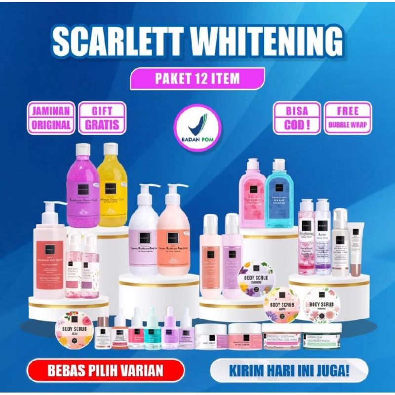 Scarlett Whitening Paket Hemat 12 Item Reseller Sepaket Lengkap Serum Toner Body Lotion Shower ...