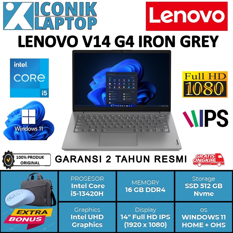 Laptop Kerja Lenovo V14 G4 Intel Core i5 13420H Ram 16 GB Ssd 512 GB Garansi Resmi 2 Tahun