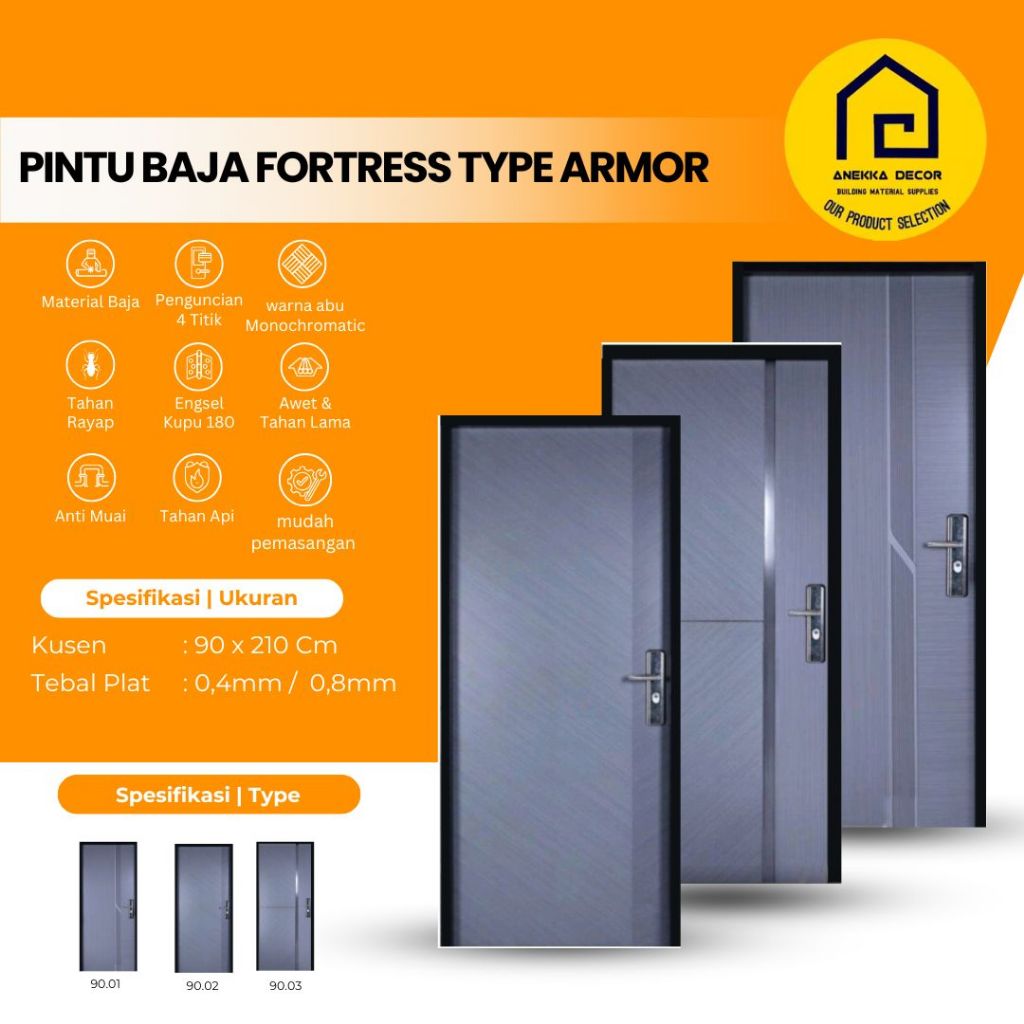 FORTRESS Pintu Baja Type ARMOR Ukuran 90x210 cm ,  Pintu Kamar tidur / depan modern, tahan rayap