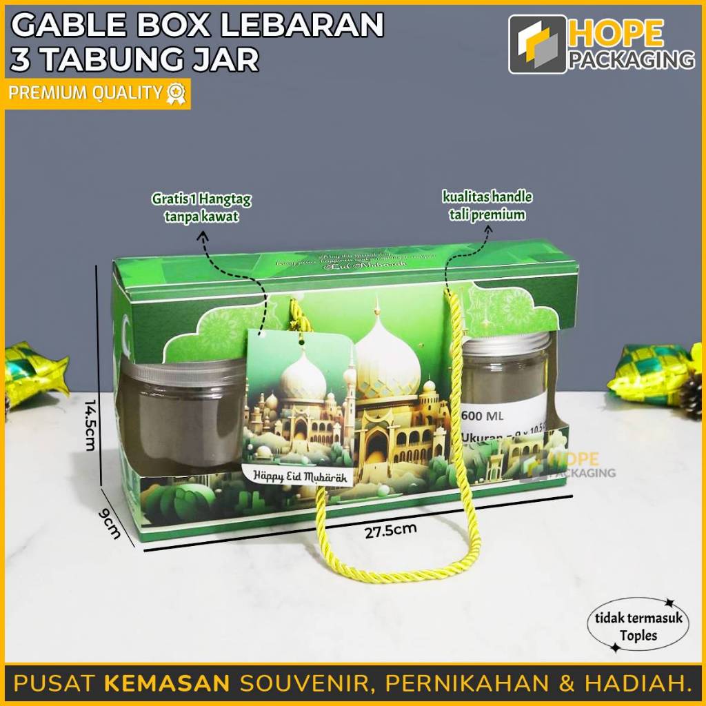 

Gable Box 3 Toples / Box Souvenir Lebaran / Kotak Kue Idul Fitri / Box Kue Toples / Paper Box / Box 3 Jar / Dus Kue Toples/Kotak Kue lebaran