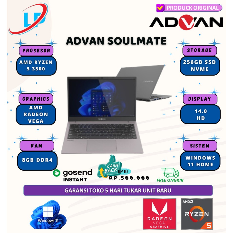 Advan soulmate plus ryzen 5 3500 8gb 256gb w11 14.0