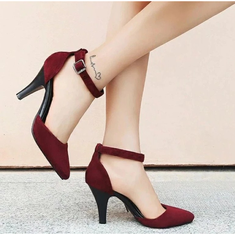 SEPATU WANITA MERAH MAROON HIGH HEELS HAK TINGGI 7 CM PREMIUM SUEDE ELEGAN MODIS KEKINIAN PESTA KERJ