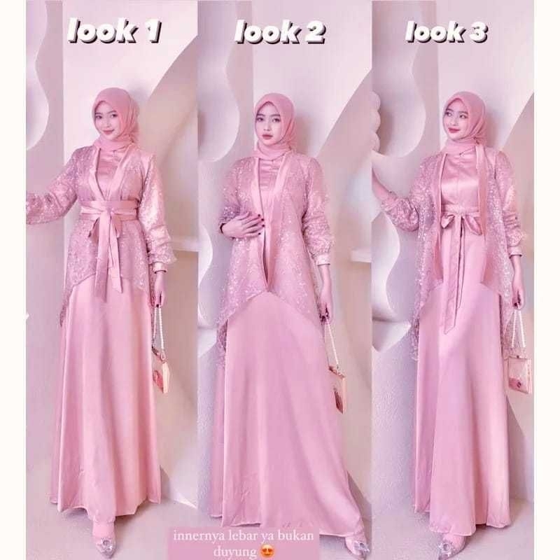GAMIS FUJI 3 IN 1 INNER DAN OUTER / GAMIS SATIN VELVET KOMBI BRUKAT TILE MUTIARA / GAMIS WANITA MEWA