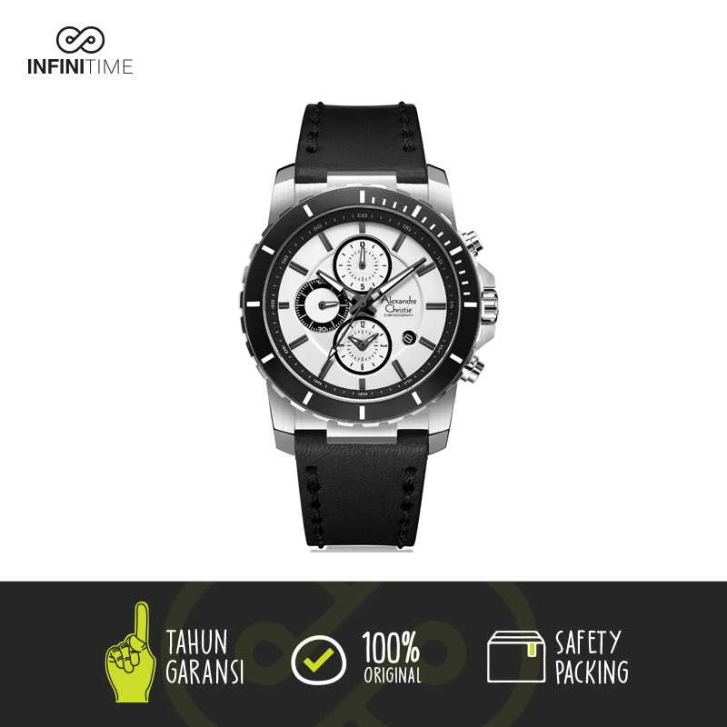Jam Tangan Pria Alexandre Christie AC 6141 Kulit AC 6141 Leather AC 6141 Silver Plat Putih ORIGINAL