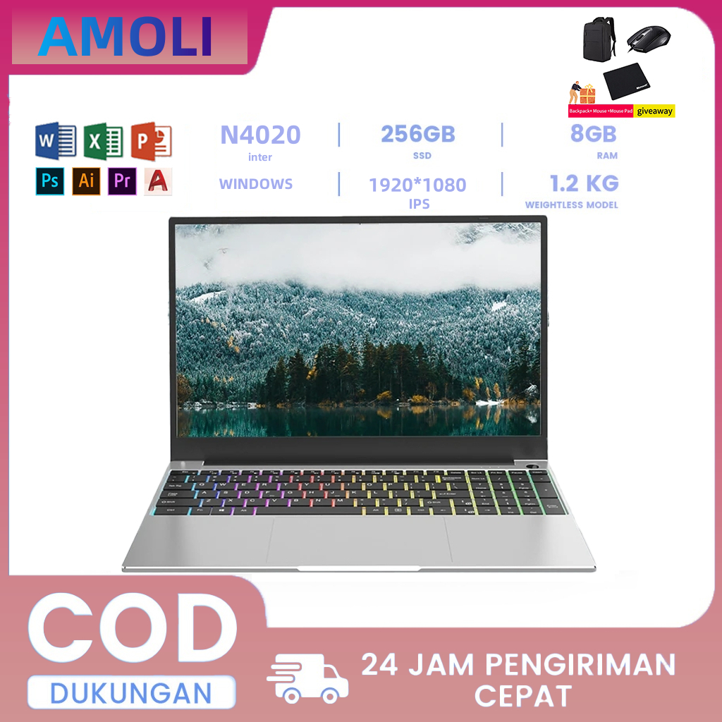 AMOLI Laptop N4020 gaming murah 15.6'' Layar HD RAM 8+256GB SSD INTEL CPU Win10+Office+hadiah Cocok 