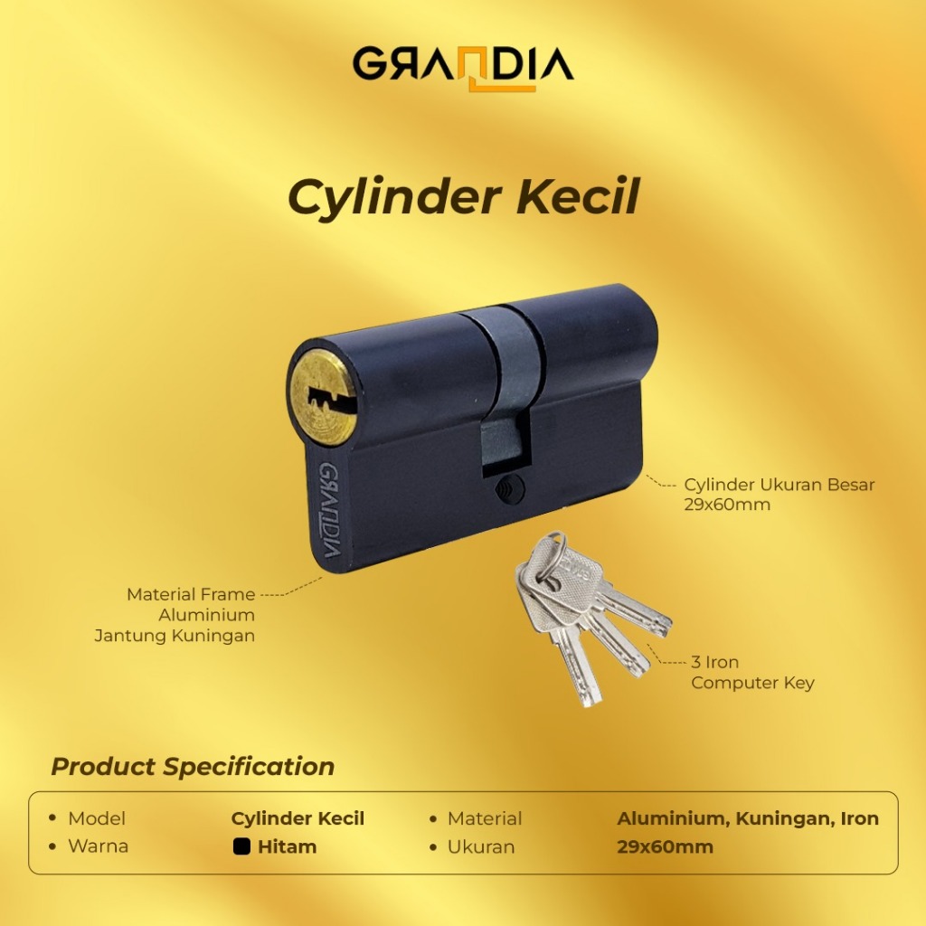 Grandia Silinder Kunci Kecil Hitam 60mm / Cylinder Kunci / Anak Kunci Pintu
