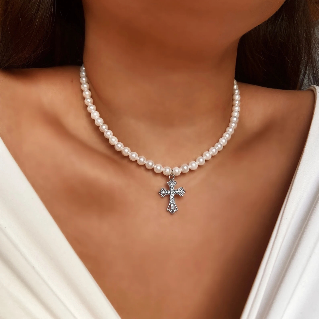 Silver Rhinestone Cross Pendant White Glass Pearl Choker Necklace