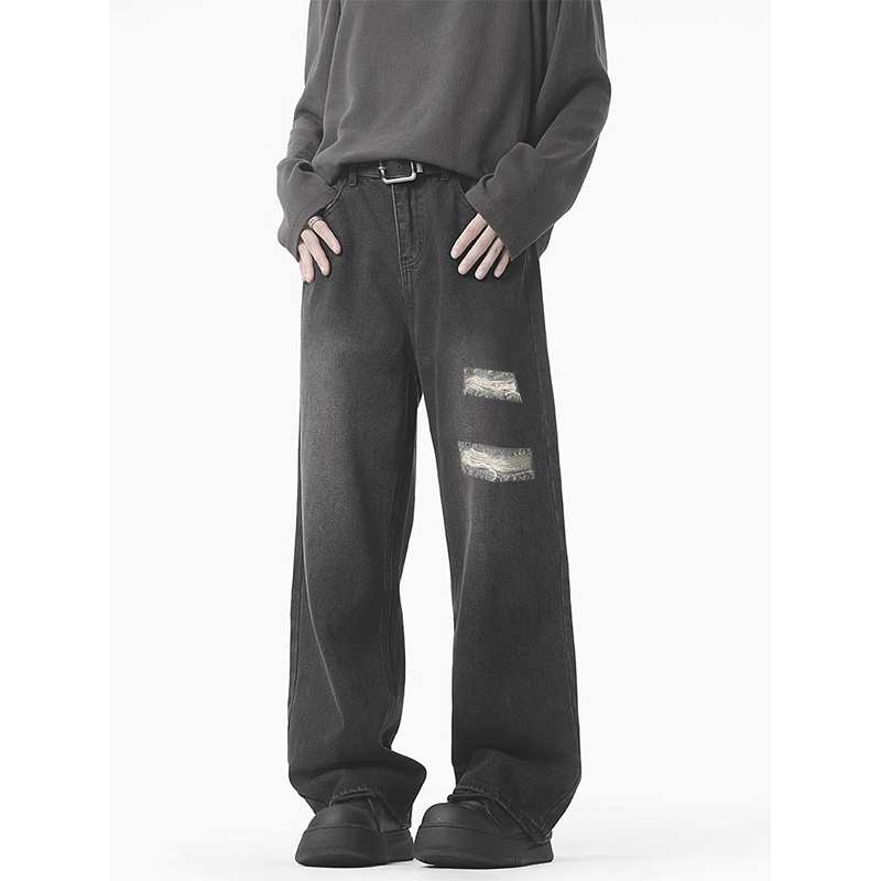 celana gombrong jeans pria sobek korean style baggy Straight pants jens hitam abu cowok