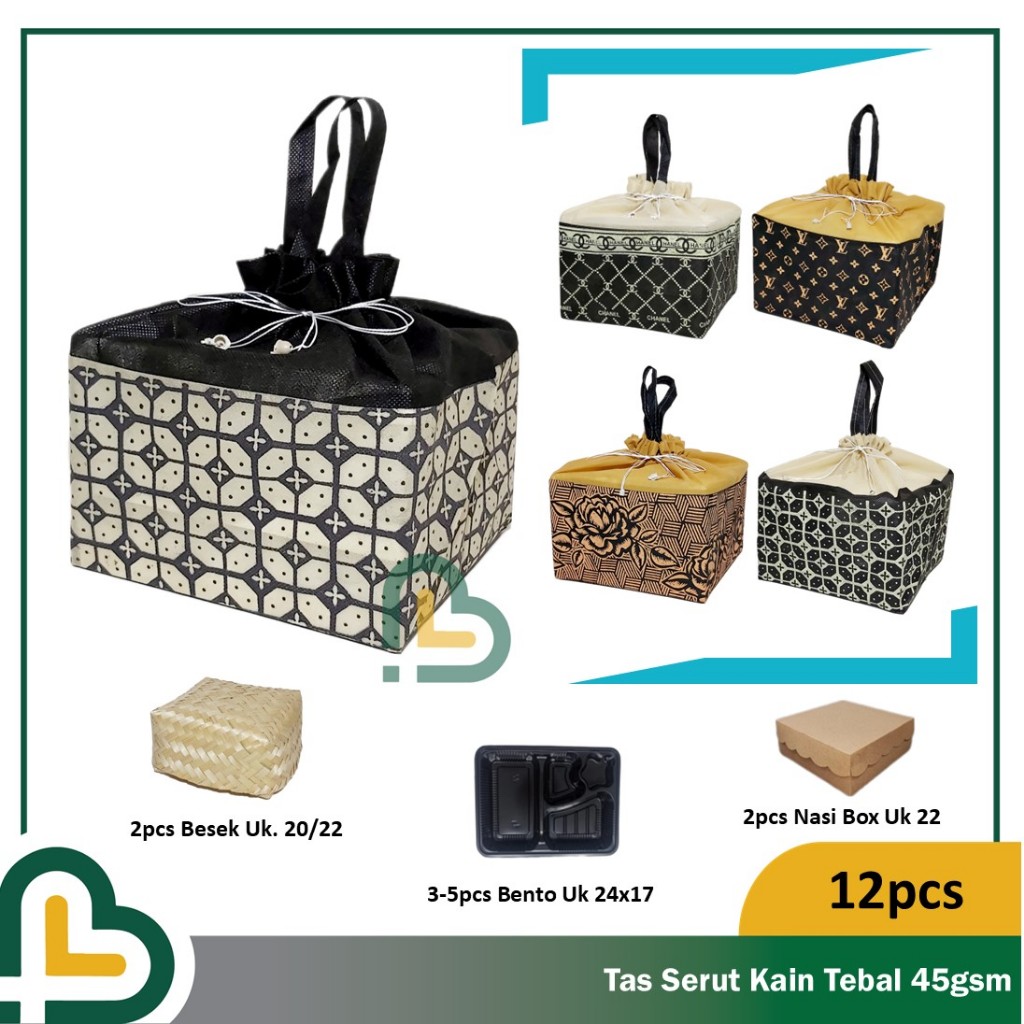 

12pcs Tas Kain Spunbond Serut Motif Batik Pesta Hajatan Besekan Ukuran 22x22