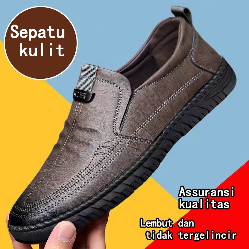 Kulit asli kulit sapi sol tebal sepatu lembut sepatu kulit kasual pria versi Korea sepatu pria kulit