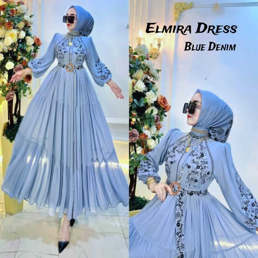 Elmira Maxi Dress Gamis Ceruty Babydoll Apk Bordir Maxy Wanita Muslim Lebaran Kekinian Terbaru