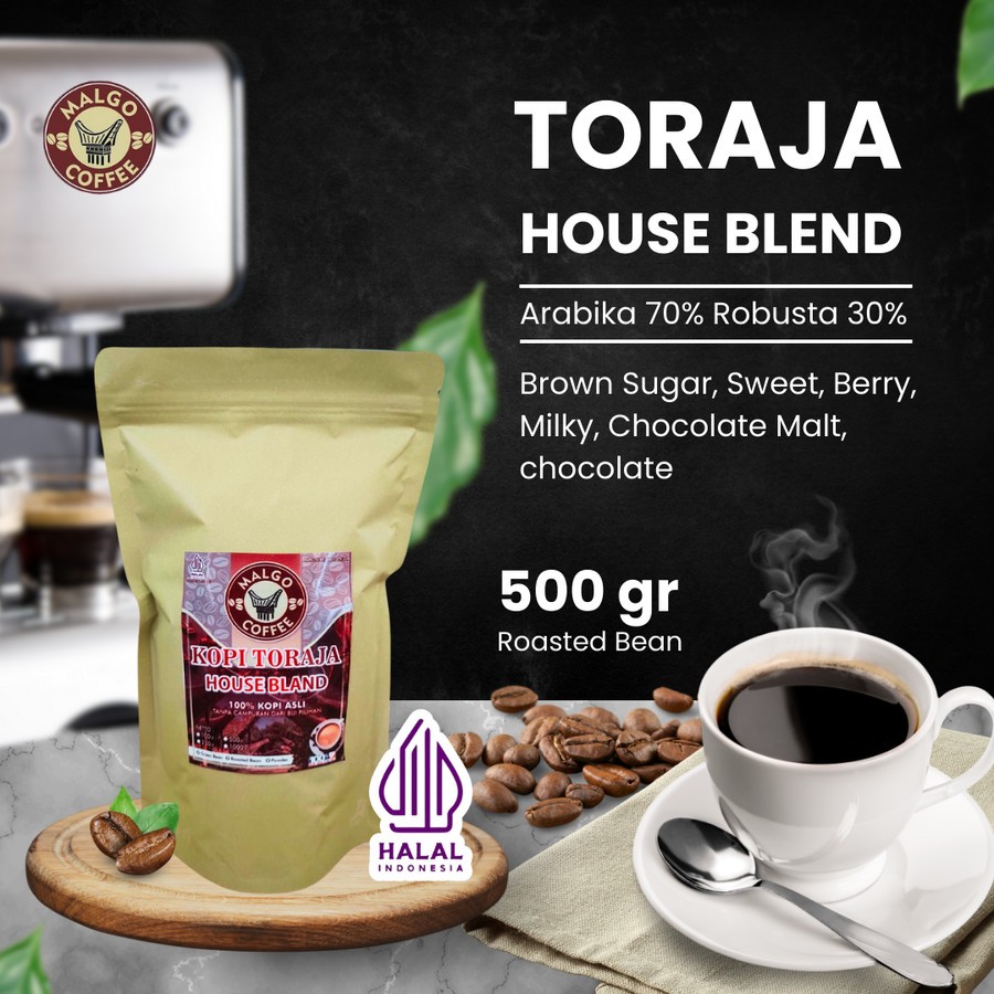 

KOPI HOUSE BLEND PREMIUM ARABICA 70% + ROBUSTA 30% ASLI TORAJA ROASTED BEAN / BUBUK - 500 GRAM