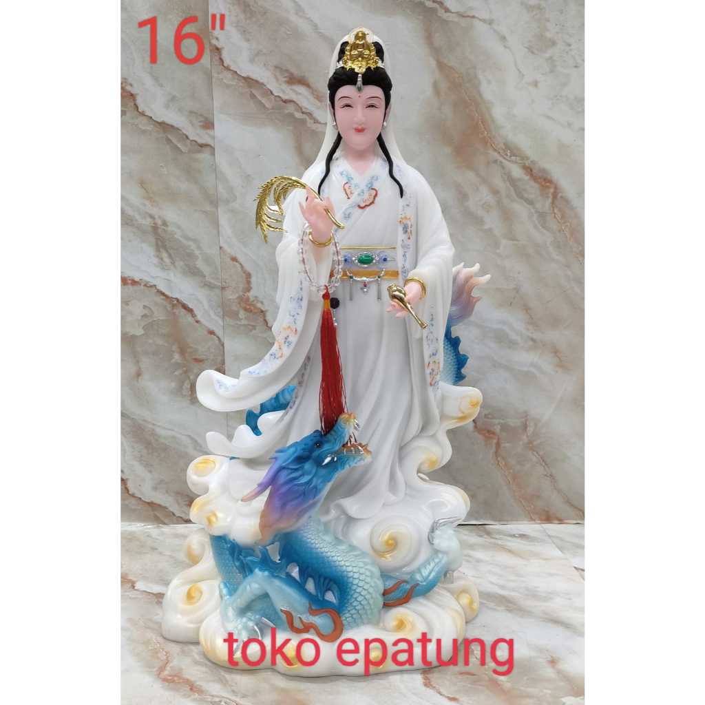 patung dewi kwan im / kwan in / guan yin - marmer - naga - berdiri - 16 inch - l25