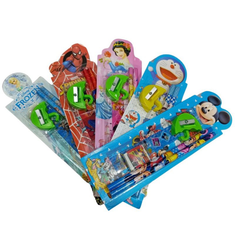 

Perlengkapan sekolah / alat tulis Anak 1 set isi 5 item pensil penghapus penggaris rautan karakter doraemon spiderman frozen