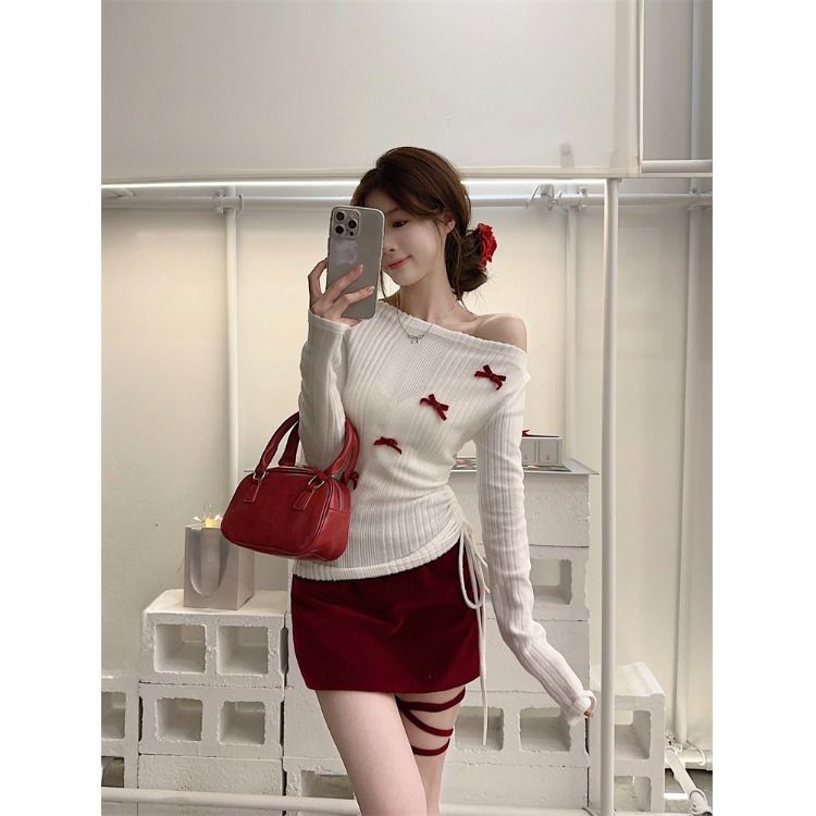 Atasan Satu Bahu Baju off shoulder putih tops Rajutan Lengan Panjang wanita