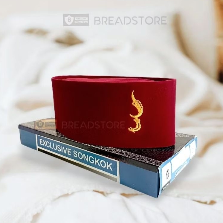 PECI SONGKOK KOPIAH POLOS MERAH LOGO KUJANG MERAH Bordir TINGGI 9 bahan beludru - Peci Pria Anak-ana