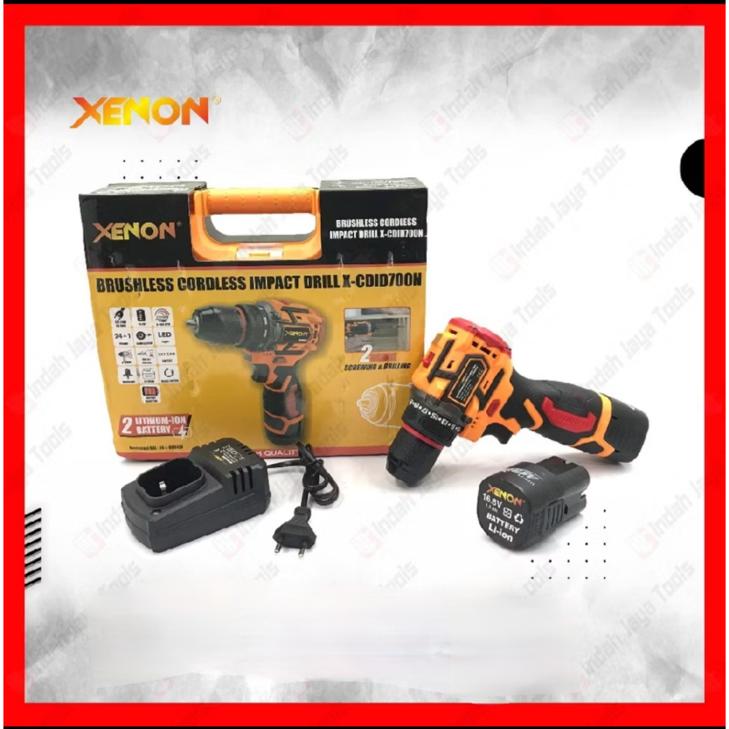 XENON Bor cordless Brushless 16.8V - bor 2 baterai impact drill bor Besi Kayu xenon brushless cordle