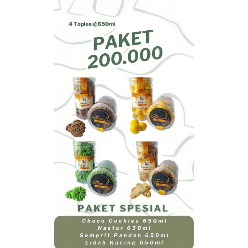 

PAKET SPESIAL 200.000 DAPAT 4 TOPLES 650ml Choco Cookies Nastar Semprit Pandan Lidah Kucing