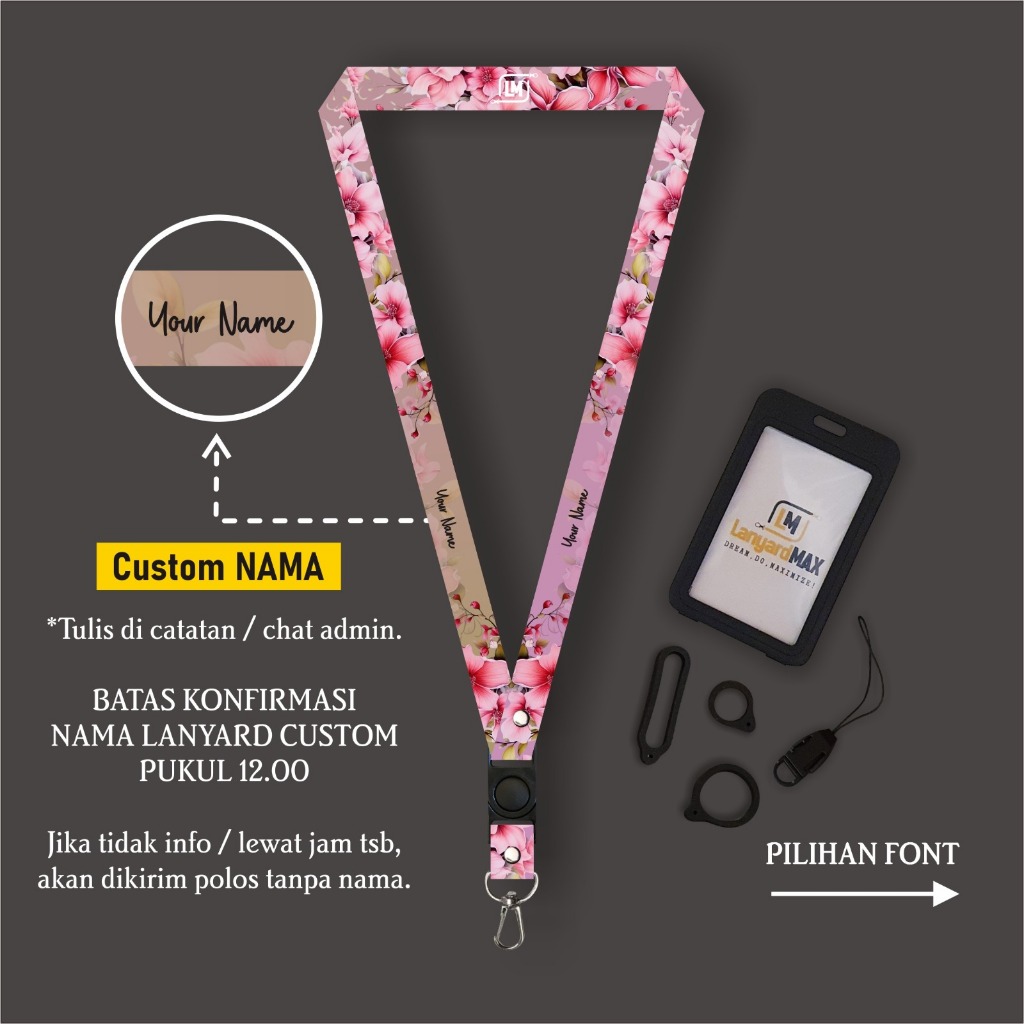 

Lanyard Max Custom Nama Reddish Flowers 1,5 cm Satuan Gantungan Holder 2 Sisi