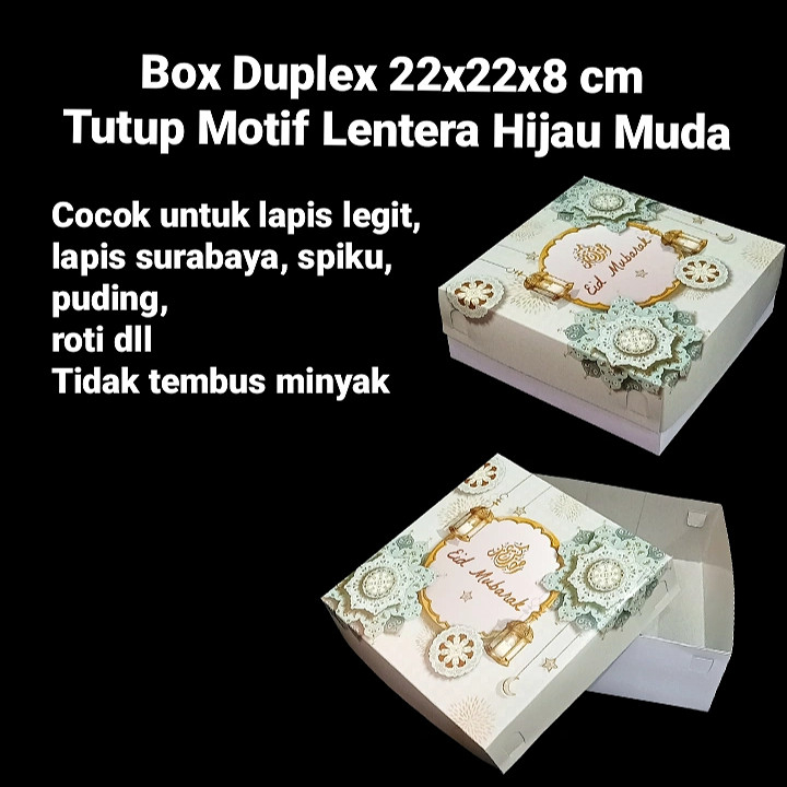 

Kardus Duplex Kemasan Kue Lebaran Uk 22x22x8 Motif Lentera Hijau Muda