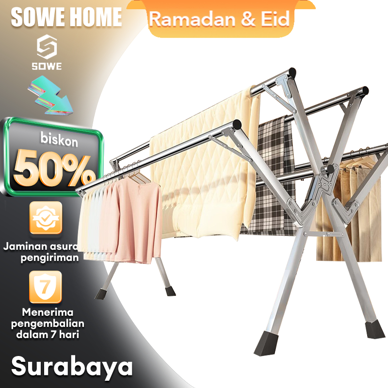 STOREQILLA. JEMURAN BAJU LIPAT 5 TIANG DENGAN RODA JEMURAN BAJU LIPAT STAINLESS STEEL JEMURAN