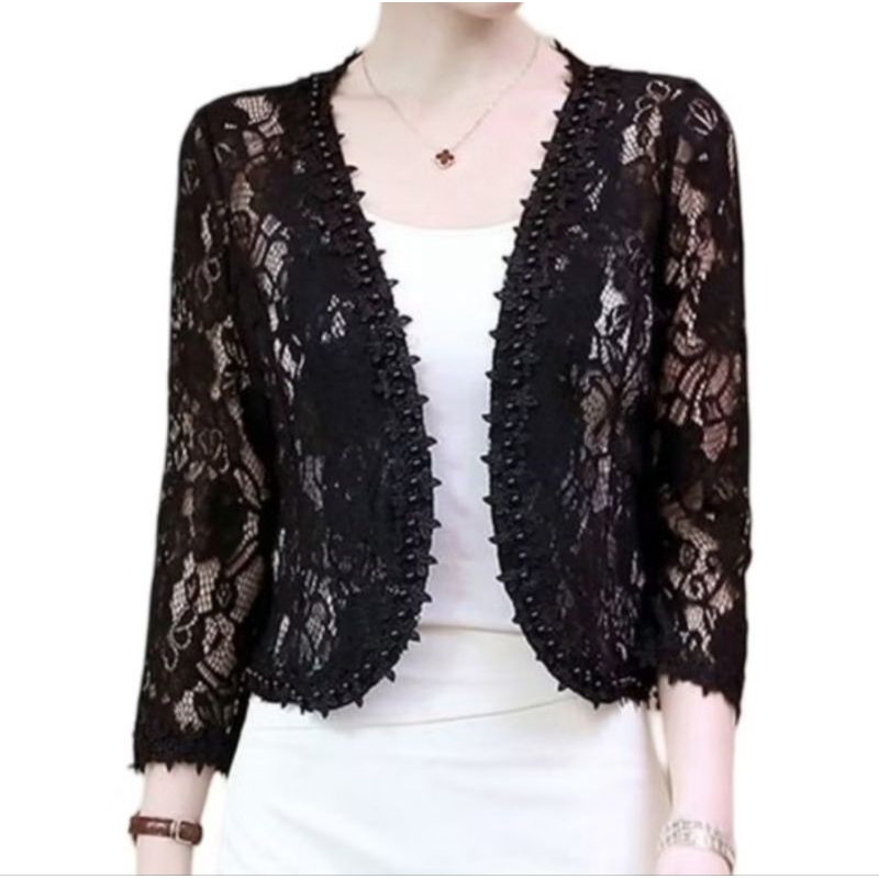 Outer Renda Brukat Wanita - Cardigan Hitam dan Putih
