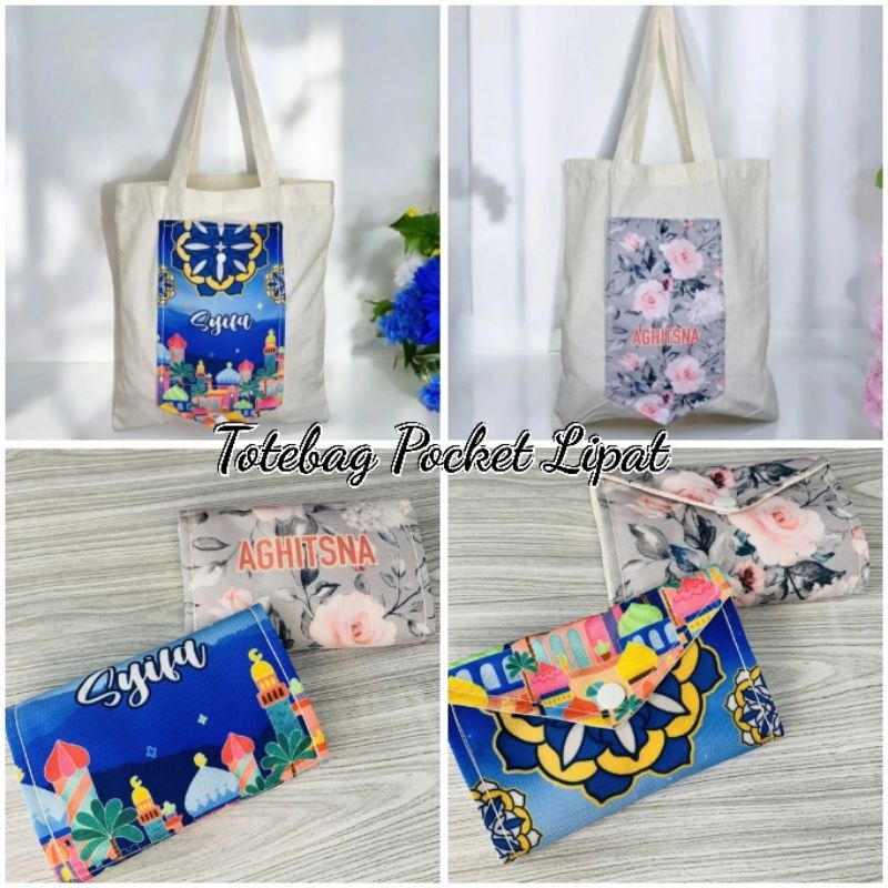 TOTEBAG POCKET CUSTOM NAMA Shopping Bag Serbaguna TAS KANTONG BELANJA LIPAT