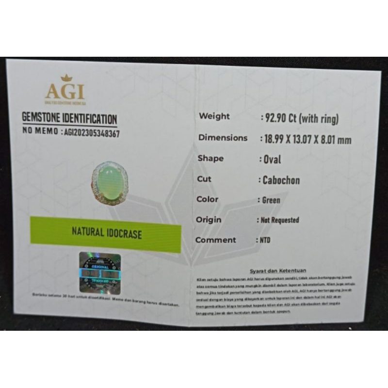 BESAR BATU IDOCRASE SUNGAI DAREH LENGKAP DENGAN SERTIFIKAT LAB ASLI NATURAL SIAP PAKAI