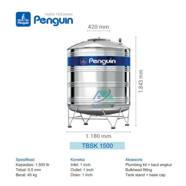 Toren Tangki Tandon Air Penguin Stainless Steel TBSK 1500 - 1500 liter