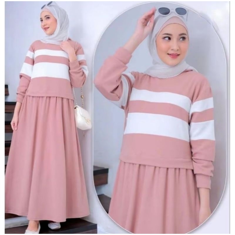 Serina Midi Dress | Gamis Midi Dress Wanita Muslim Crinkle Airflow Kombinasi Putih Resleting Belakan