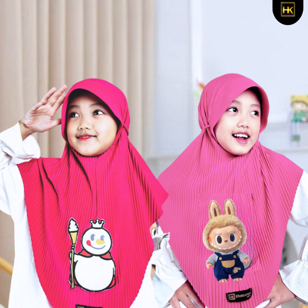 jilbab plisket tali kepang anak bergo plisket labubu / hijab bergo plisket motif labubu&mixue anak u
