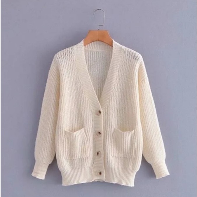 V neck knit women sweater cardigan // outer luaran rajut wanita beige cream