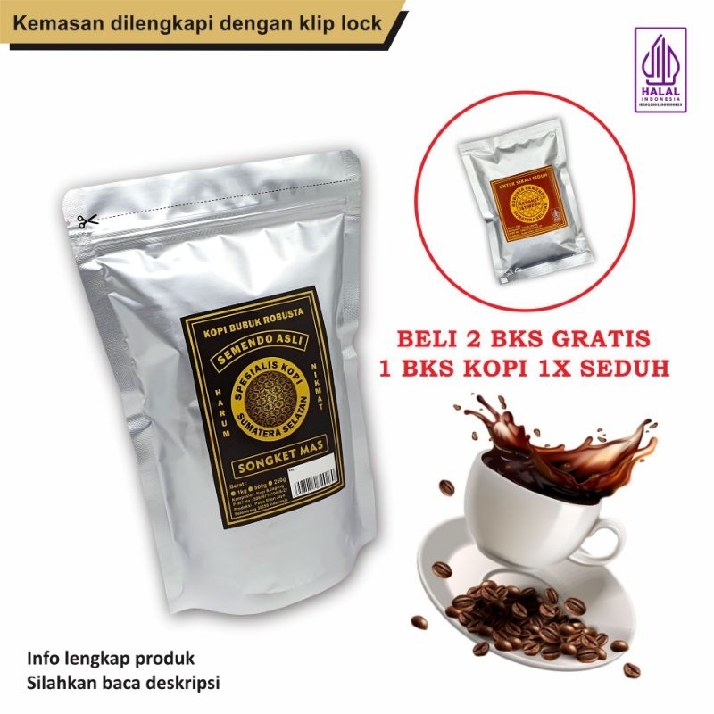 

Kopi Bubuk Robusta Semendo 250gr songket Mas