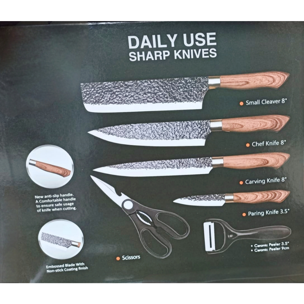 Set Pisau Dapur Premium Anti Bakteri 6 Pcs /Pisau Daging Tajam dengan Gagang Kayu Warna Hitam