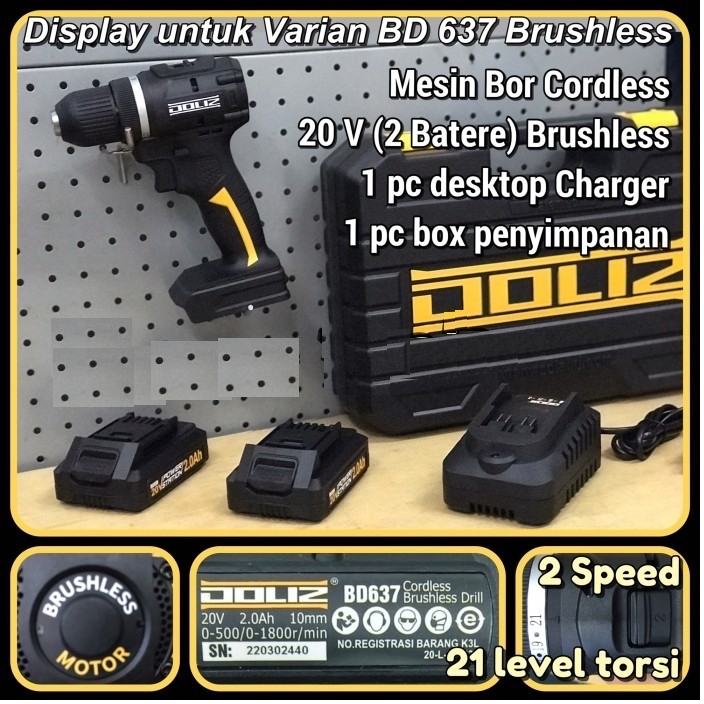 Promo Doliz Bd 637 Bor Cordless Brushless 21V Mesin Bor Baterai Heavy Duty