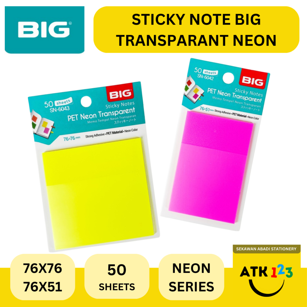 

Stiky Note BIG Transparant Neon Fluorescent Colors 76x51 76x76 50 Sheets