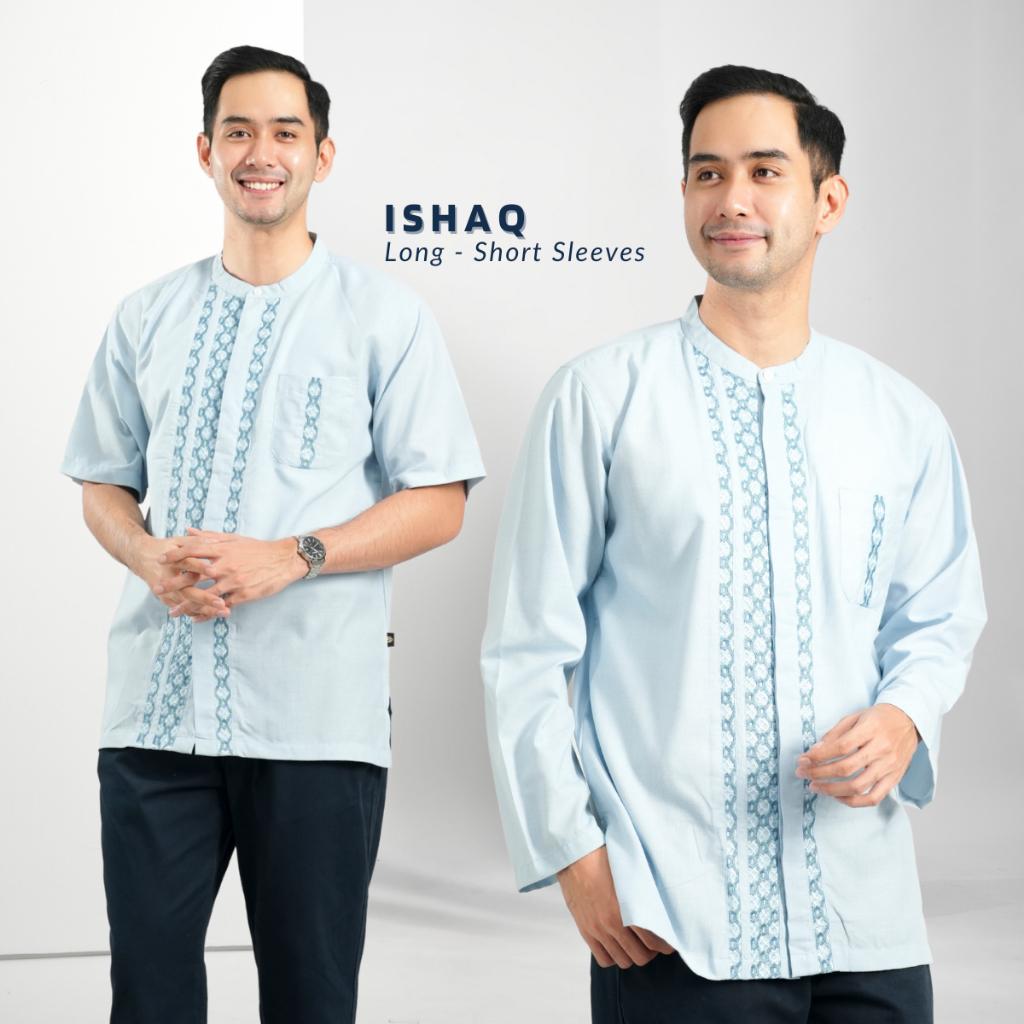 Muslimadani Baju Koko ISHAQ Regular Koko Dewasa Lengan Pendek dan Lengan Panjang Bordir Kemeja Koko 