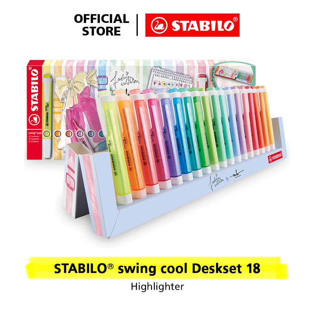 

STABILO swing cool Pastel Highlighter Deskset 18 Penanda Tulisan Warna Warni Tahan Lama Cepat Kering Set 10 Tidak Bau FREE Brush Rancangan Designer