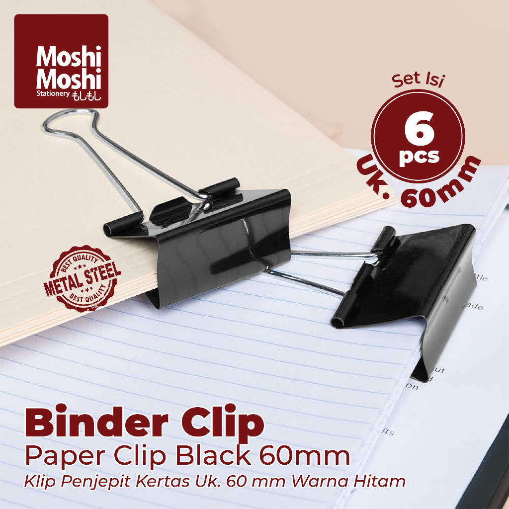 

Paper Binder Clip 60mm Black Document Moshi Klip Penjepit Kertas Peralatan Tulis Kantor Set Isi 6 pcs