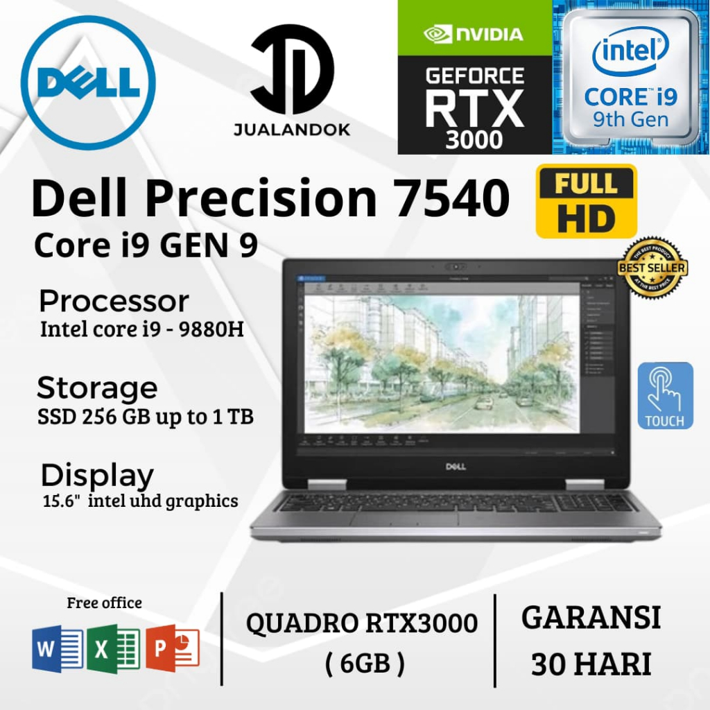 Laptop Dell Precision 7540 Core i9 Gen 9 - RAM 64GB - SSD 1TB - 15 inch - Quadro RTX 3000 6GB - Disp