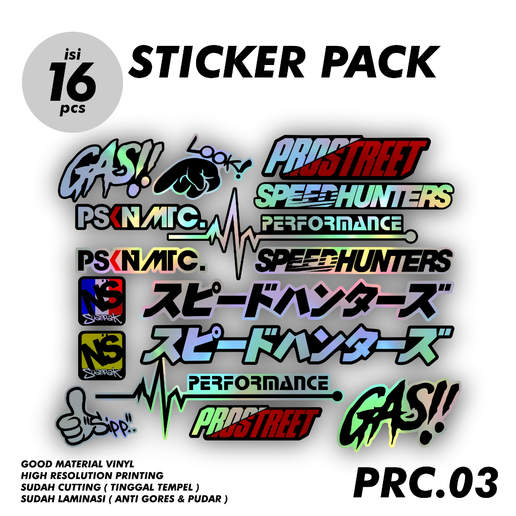 

16 pcs Sticker Pack Racing Distro Logo Brand Aesthetic Print Cut Sudah Terpotong pola Tinggal Tempel Laminasi Anti Pudar Anti Gores Bahan Vinyl Puith Hologram Pelangi AM.PRC03