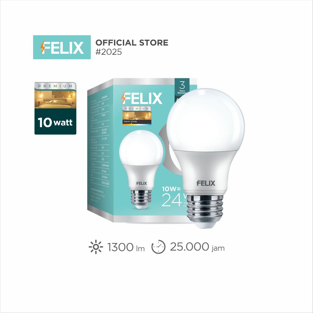 FELIX PREMIUM Bohlam Lampu LED 10W E27 Kuning 3000K Garansi 3 Tahun