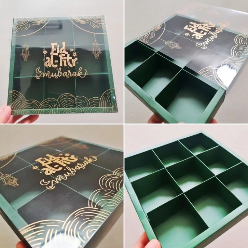 

( 5 Pcs ) Kardus Lebaran Sekat 9 Warna Hijau Tua Anti Minyak Box Mika Design Eid Al Fitr Ukuran 22x22x4 cm