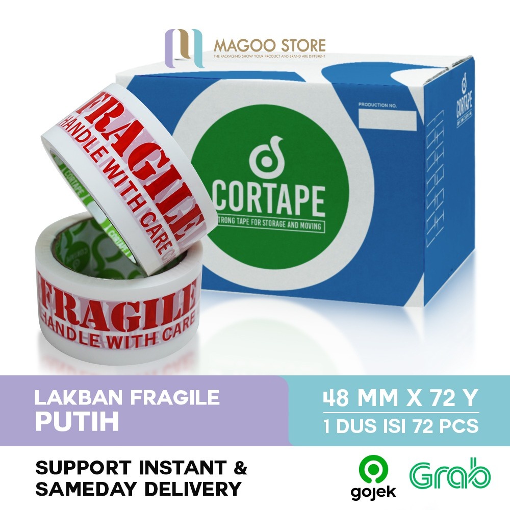 

Lakban Fragile Handle With Care PUTIH 48 mm x 80 yard Murah 1 Dus