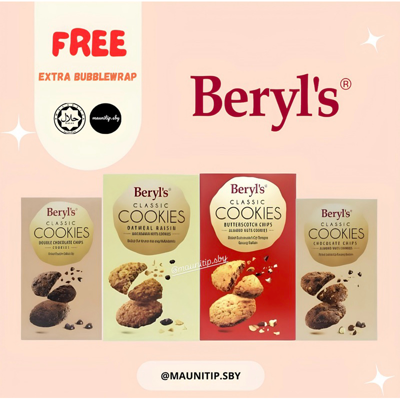 

Cookies beryls [READYSTOCK 10/25] INSTAN SAMEDAY JABODETABEK | Beryl's Butterscotch Chips Almond Cookies (100g), Beryl's Waffle Cookies Coated With Gianduja Milk Chocolate (80g)Beryl's Butter Cookies (70g), Beryl's Coconut Rolls Original (75g), Malaysia