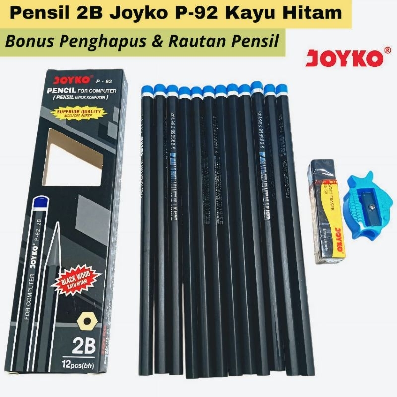 

[12Pcs] Pensil 2B Joyko P-92 Kayu Hitam Bonus Penghapus & Rautan Pensil
