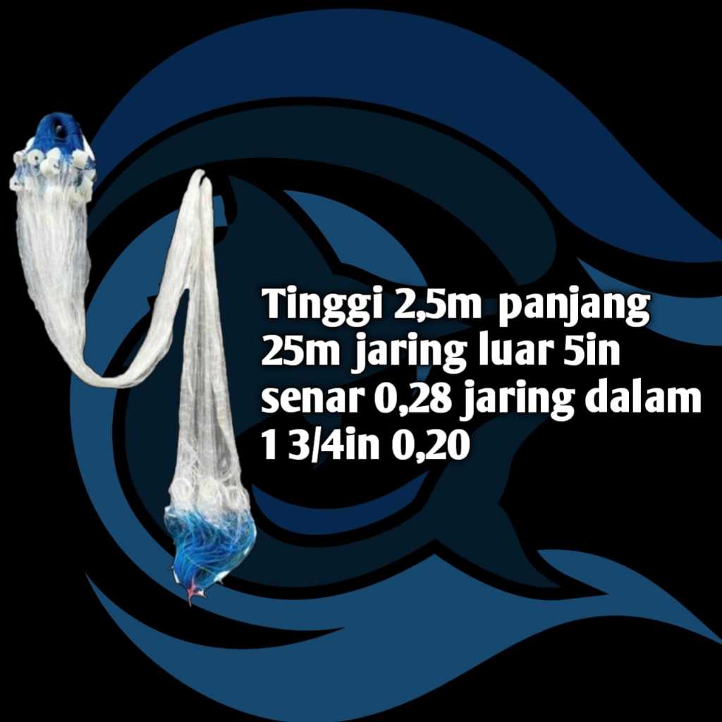 Jaring Ikan Siap Pakai 3 Lapis Tinggi 2,5m Panjang 25m Jaring Luar 5in 0,28mm Jaring Dalam 1 3/4in 0