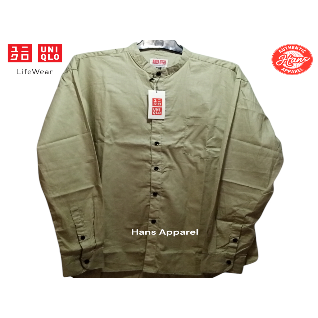 UNIQLO Terbaru Kemeja Pria Kerah Shanghai Kemeja Casual Trendy Kemeja Polos Lengan Panjang